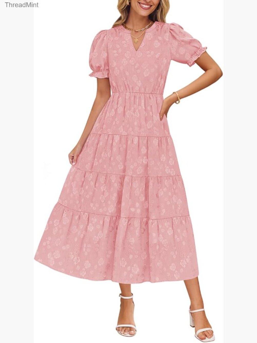 Puff Short Sleeve V Neck Midi Dress Floral Textured Ruffle Beach Party